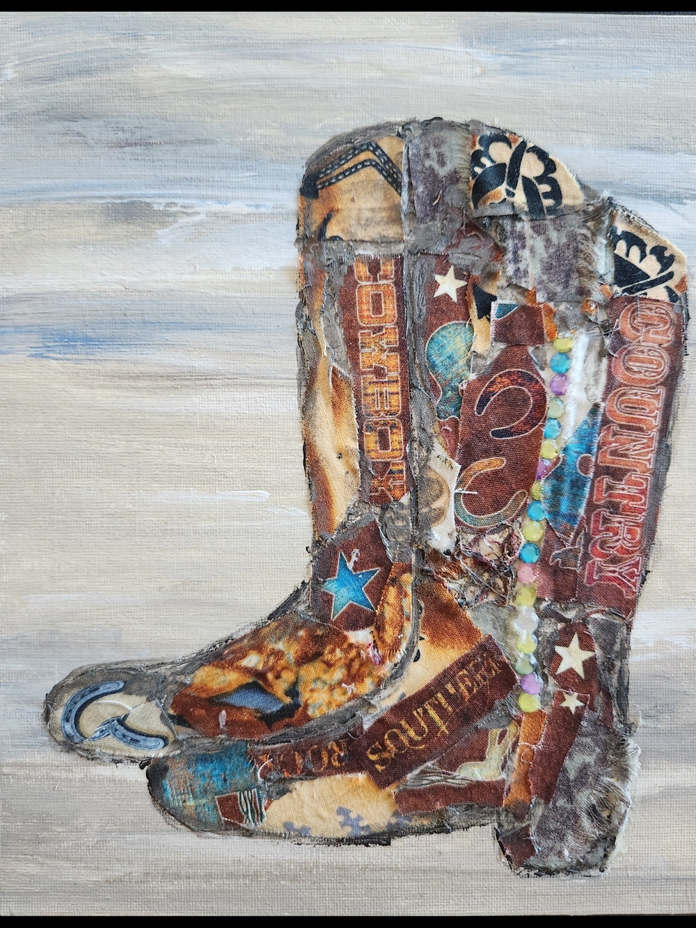 Handcrafted Mixed-Media Cowboy Boot Wall Art in Brown and Blue